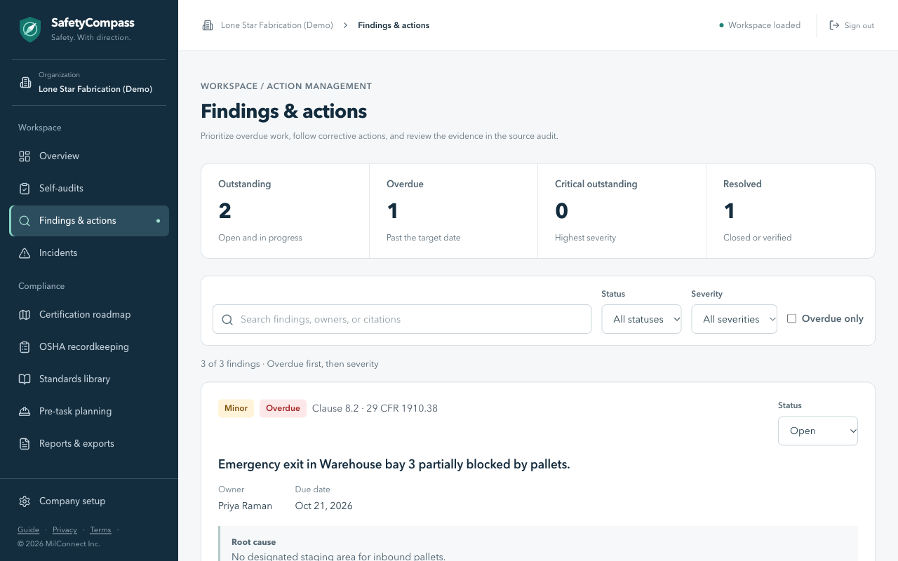 Findings & actions, sorted with critical and overdue items first