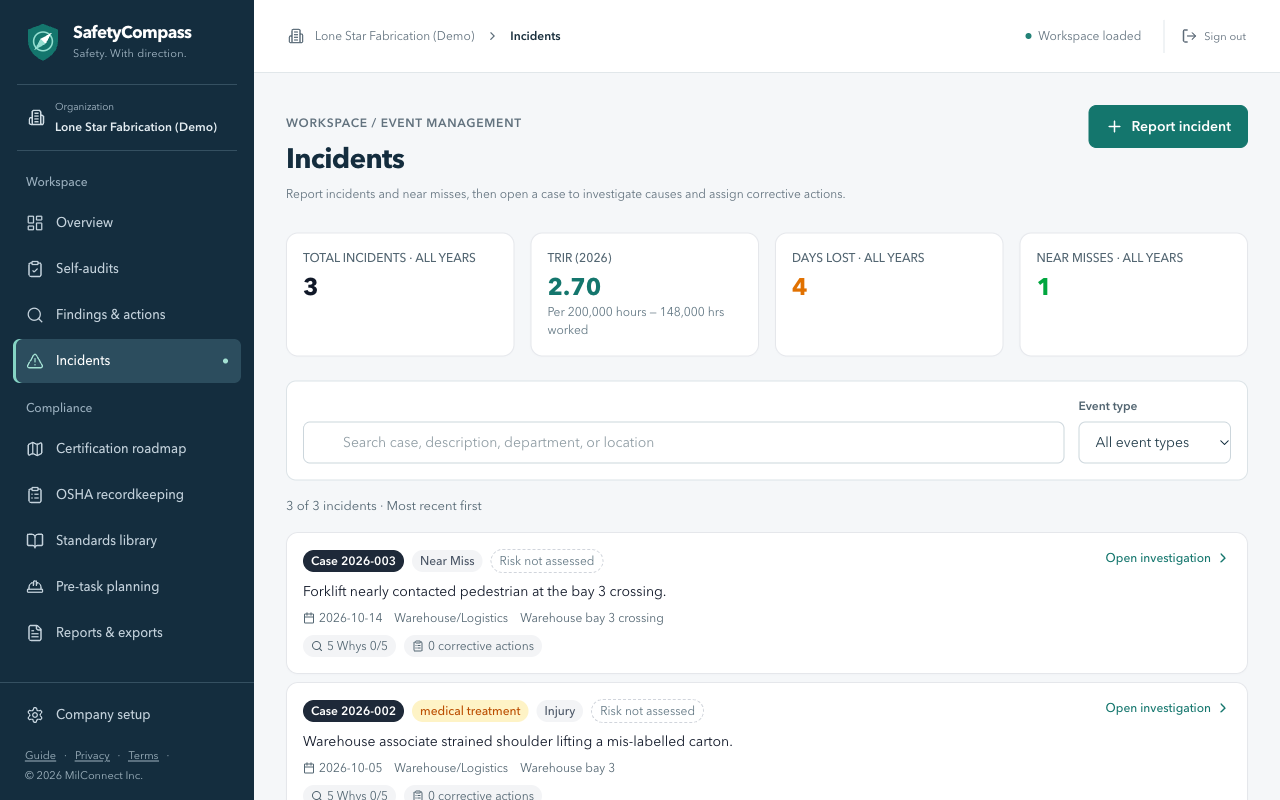 The Incidents list with event types and severities