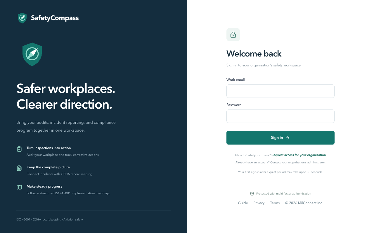The sign-in page, with the Request access link under the Sign in button