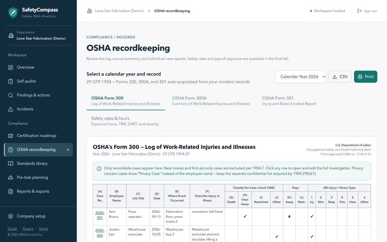 OSHA recordkeeping with the 300 Log, 300A, 301 and rates tabs