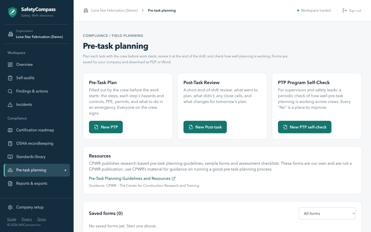 Pre-task planning with the three form types and saved forms