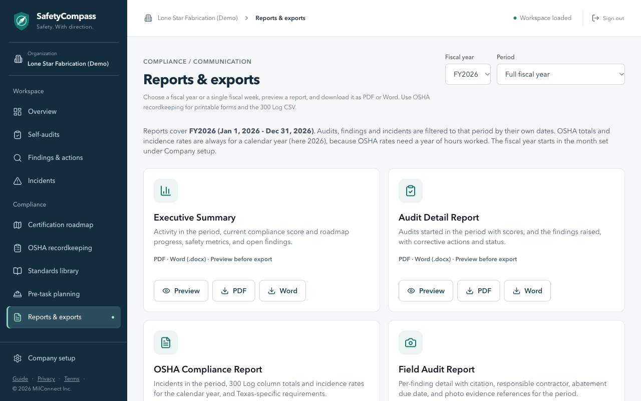 Reports & exports with the fiscal year and period pickers