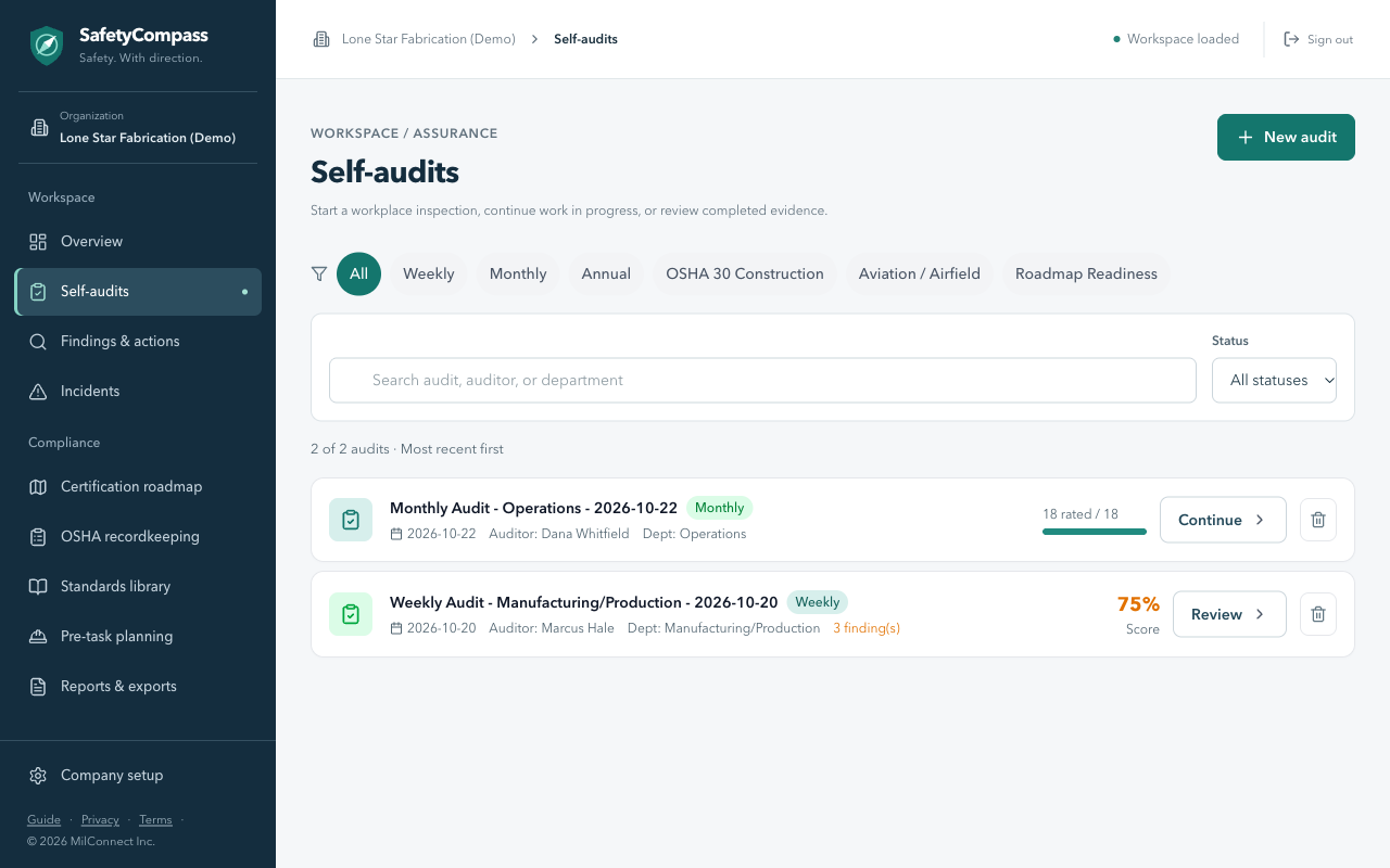 The Self-audits list with search and filters